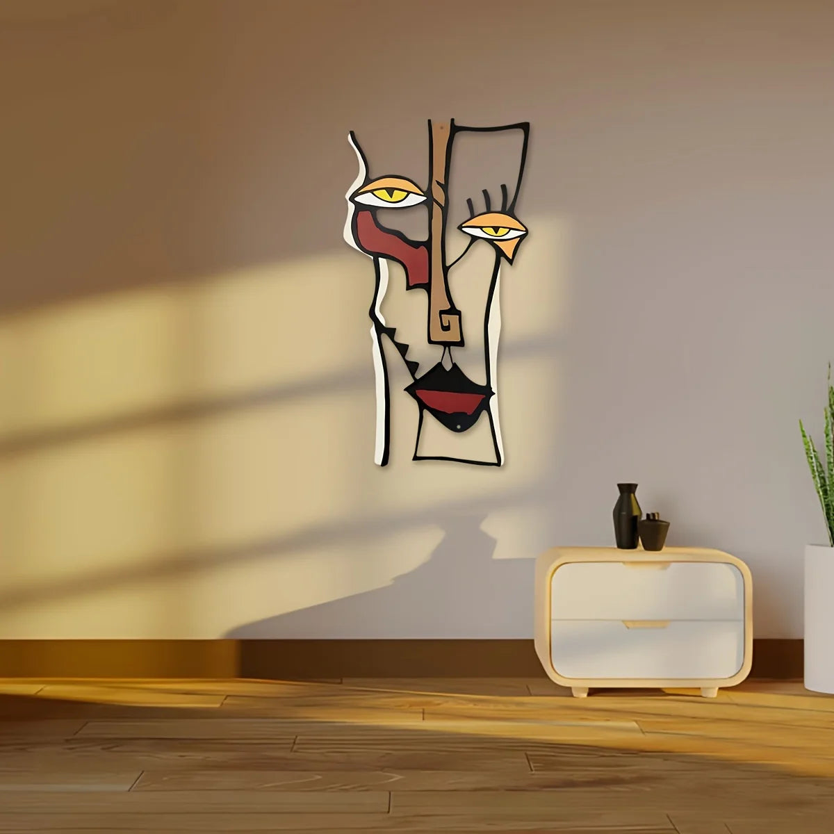 décoration murale abstraite métal jaune rouge marron noir graphique moderne chambre salon