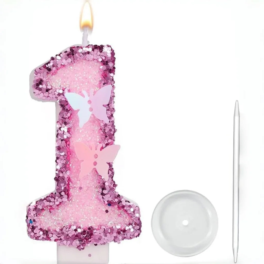 bougies anniversaire forme chiffres rose pailletées papillons relief festives