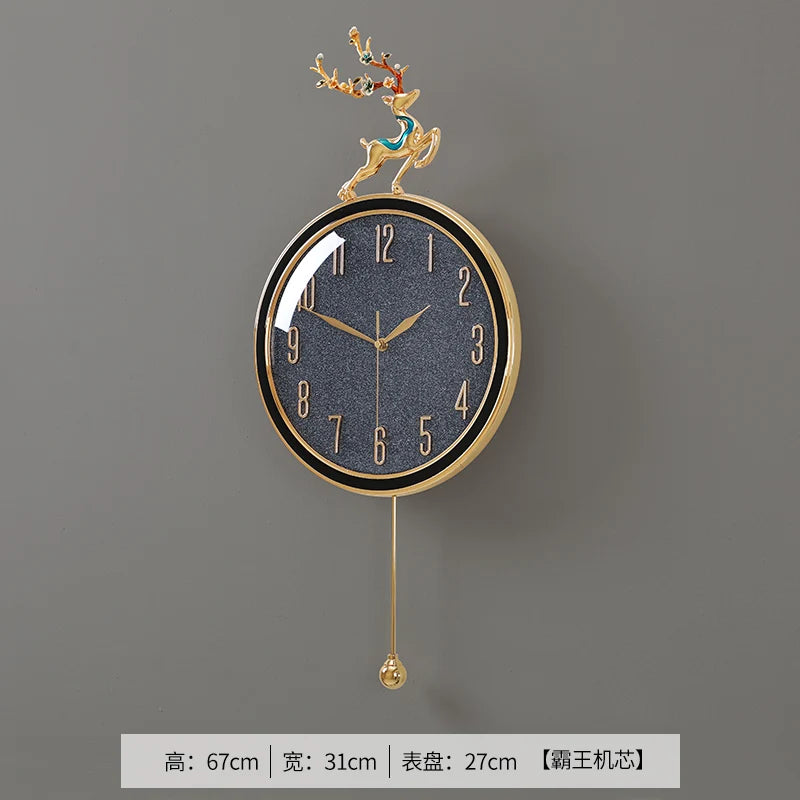 horloge murale moderne or bleu cerf décoration festive salon round métal doré