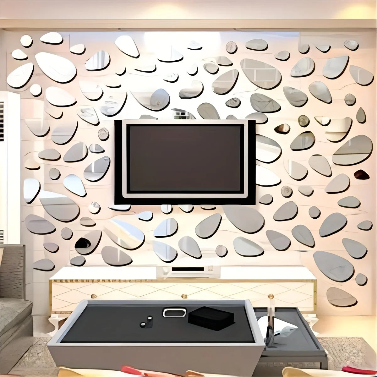autocollants miroir gouttes moderne blanc gris doré stickers muraux adhésifs intérieur décoration chambre salon