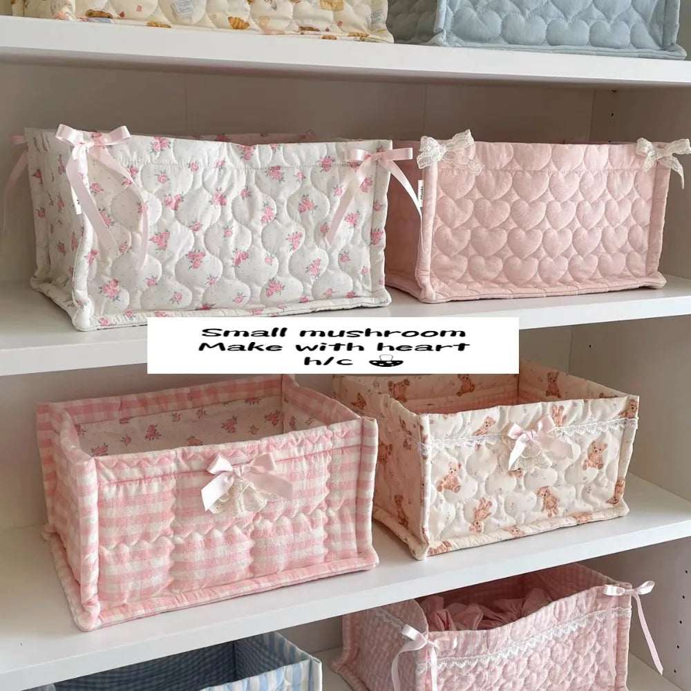 paniers rangement coton pois carreaux rayures ours rose clair blanc bleu clair beige texturé
