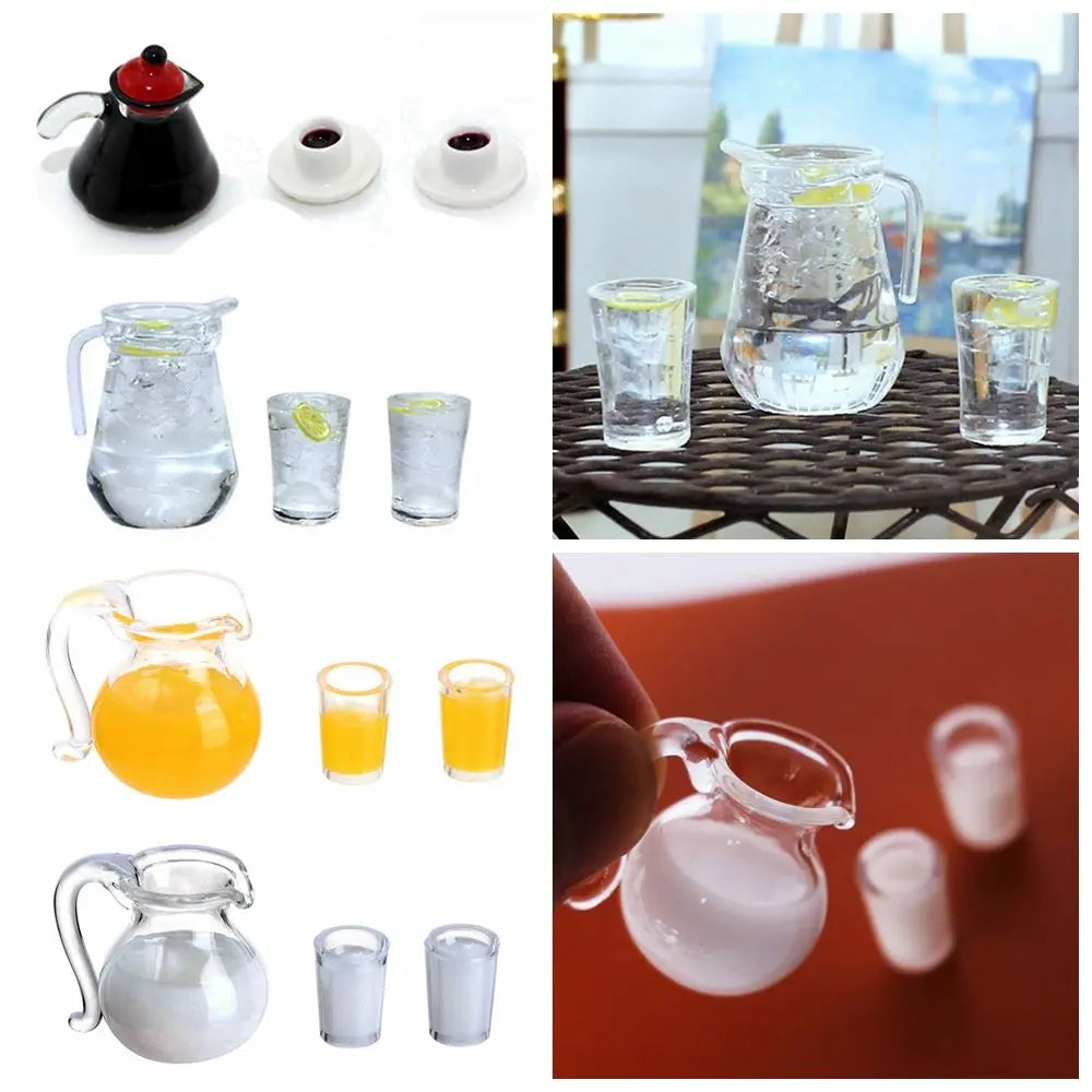 ensemble miniature vaisselle boissons jus lait accessoires poupée résine orange blanc transparent