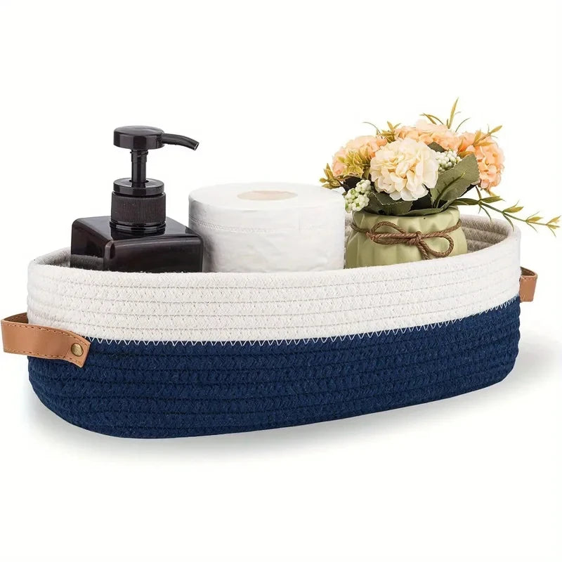 panier rangement ovale tissé coton beige blanc moderne poignées cuir salle bain