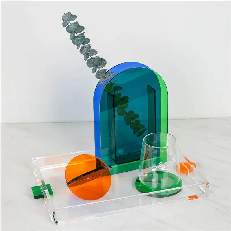 support verre moderne acrylique tapis rond texturé boule verre bleu vert orange jaune rouge