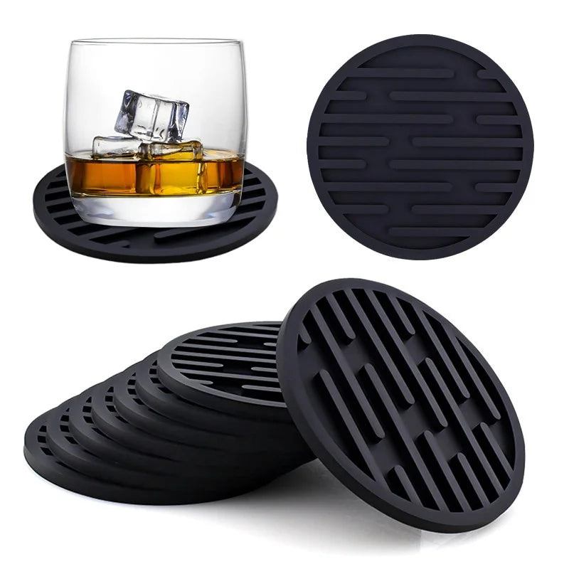 coasters silicone noirs rayures horizontales adhésifs résistants chaleur moderne respectueux l'environnement(viscoses) 10cm 5cm