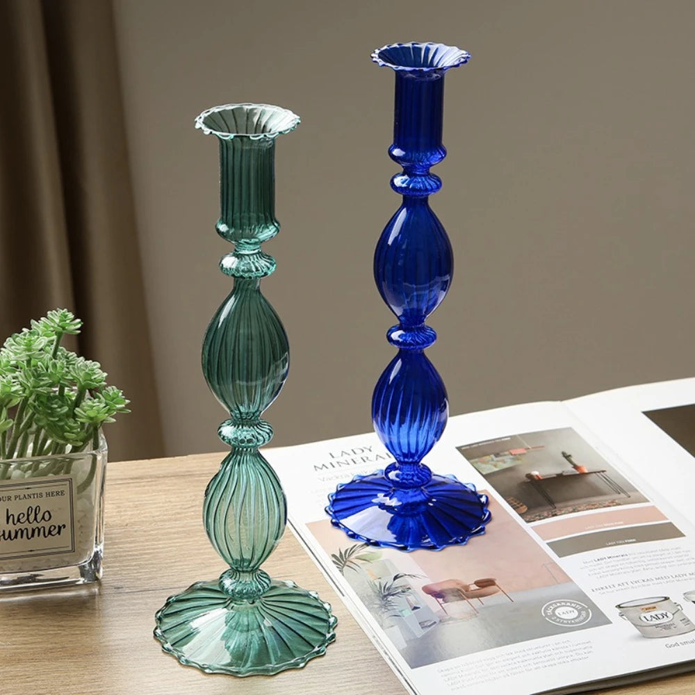 bougeoirs verre transparent rayures horizontales classiques or doré rose bleu vert noir