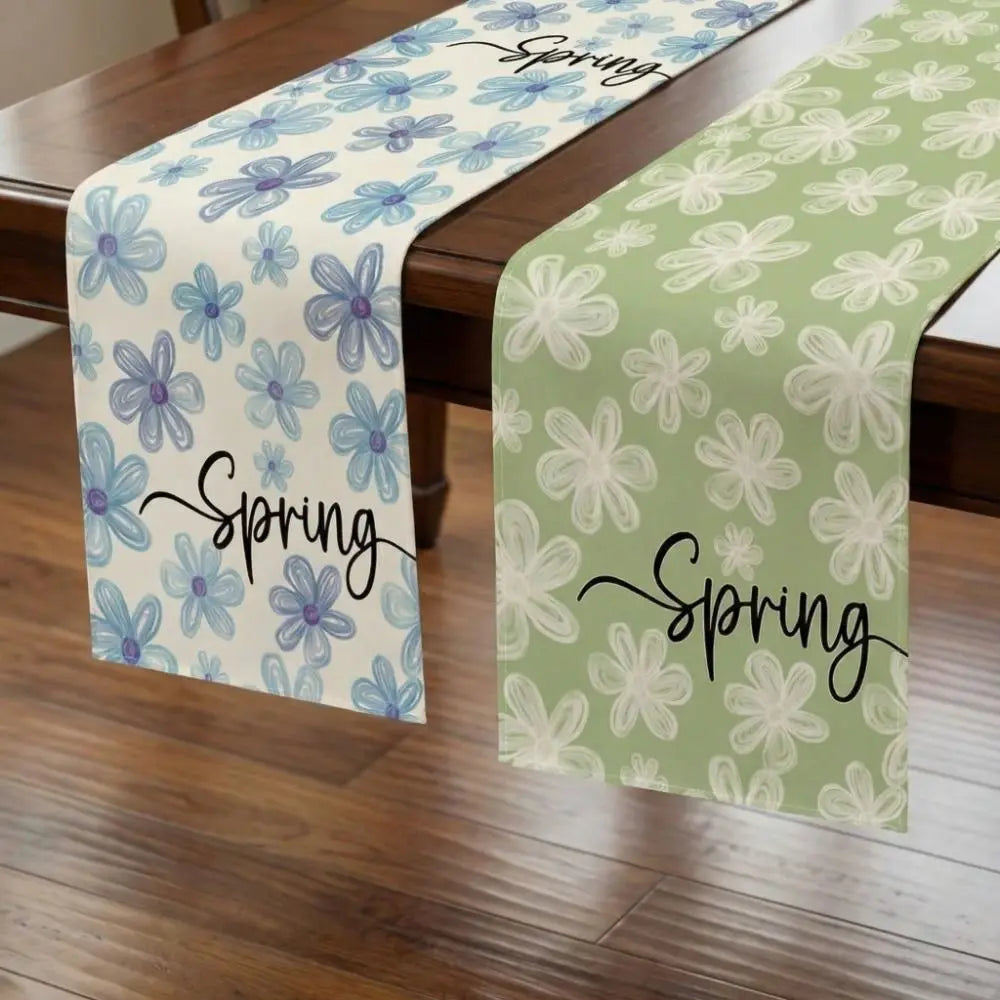 nappe table motif fleurs printemps calligraphie moderne bleu rose jaune vert blanc