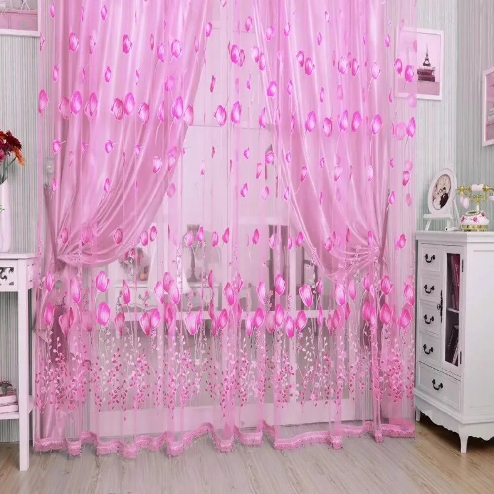 rideaux voilage floral violet rose bleu vert orange décoratif moderne polyester transparent chambre salonhôtel