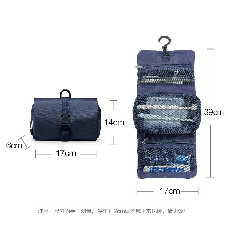 sac toilette pliable suspendu compartiments zippés poches mesh miroir polyester bleu marine gris minimaliste