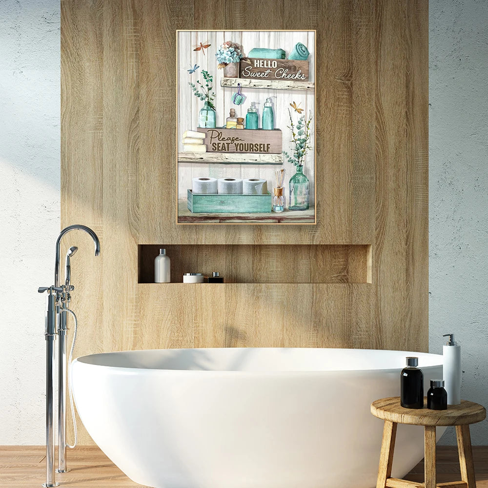 toile d'art rustique vintage bouteilles serviettes fleurs blanc bleu clair beige vert clair mural