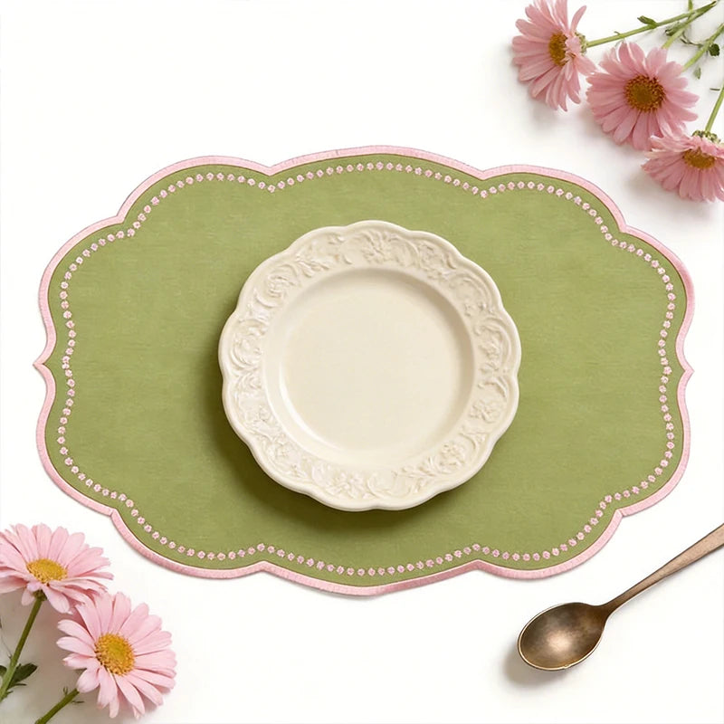 sets table vert olive rose brodé dimensions 42x30cm champêtre assiettes tasses couverts
