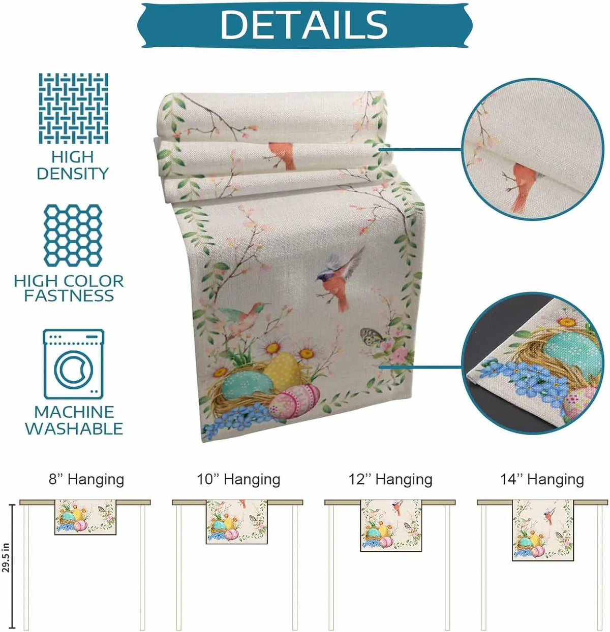 Une affiche détaillée présente un motif textile coloré avec des fleurs, des oiseaux et d'autres éléments décoratifs, disponible en différentes tailles d'accrochage muraux.