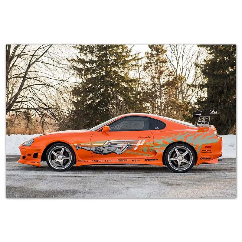 peinture toile voiture sportive orange rayures noires blanches moderne salon