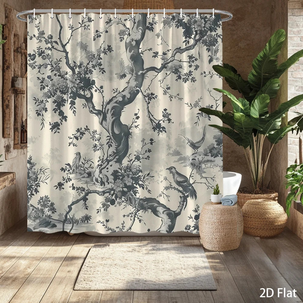 rideau douche polyester arbre oiseaux classique naturel gris beige moderneôtelte
