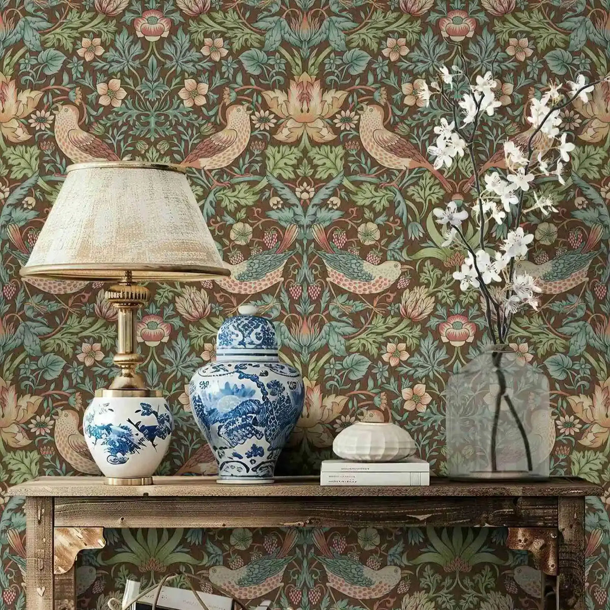 papier peint oiseaux fleurs art nouveau vert beige bleu marron résistant humidité autocollant salon