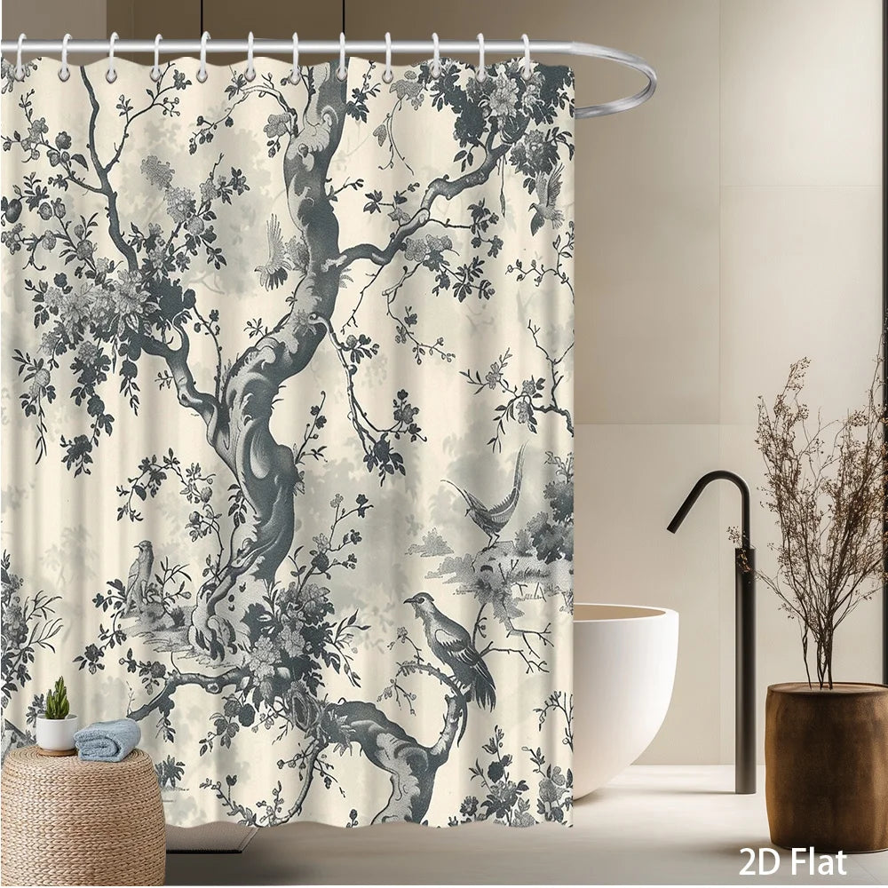rideau douche polyester arbre oiseaux classique naturel gris beige moderneôtelte