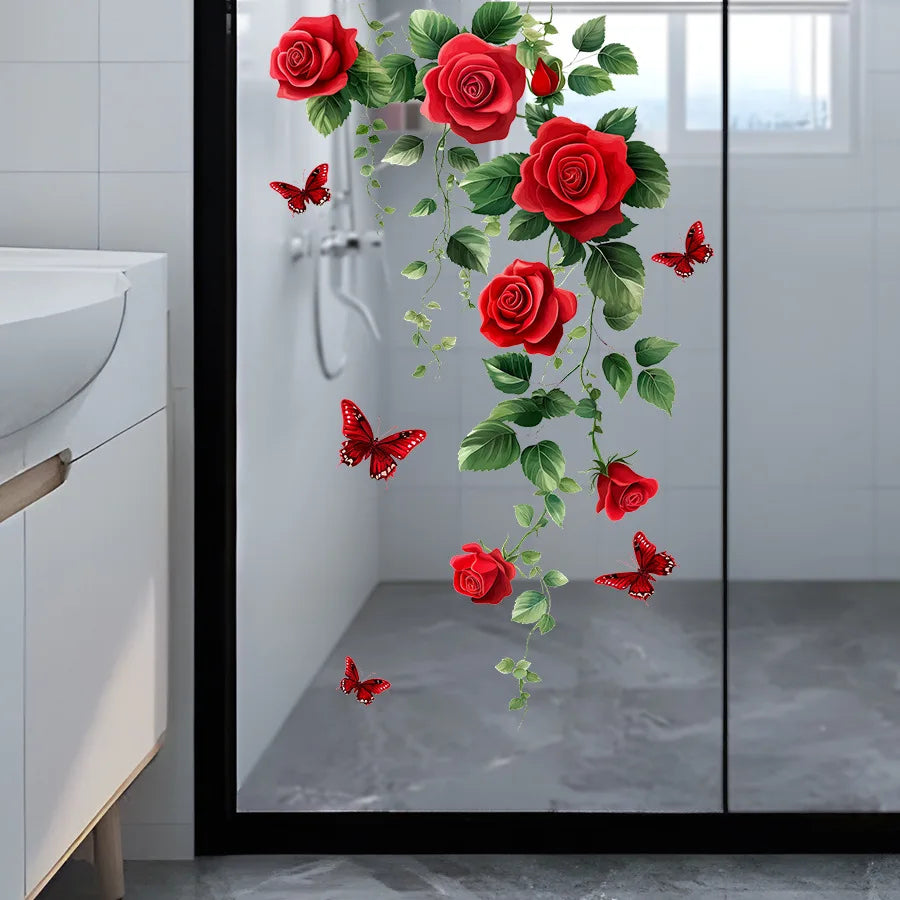 sticker mural floral roses feuilles papillons rouge vert blanc adhésif décoration intérieure chambre salon