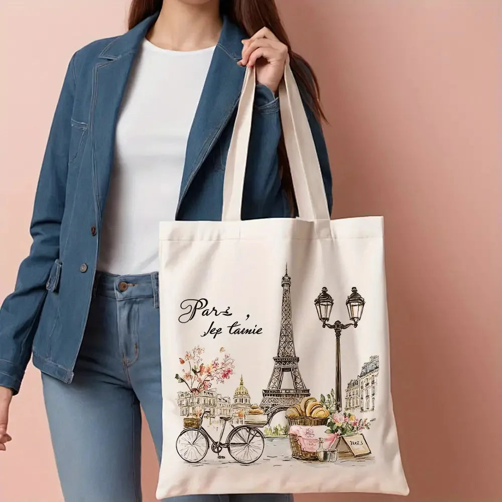 sac main toile illustration paris tour eiffel lanternes vintage doux beige clair fleurs