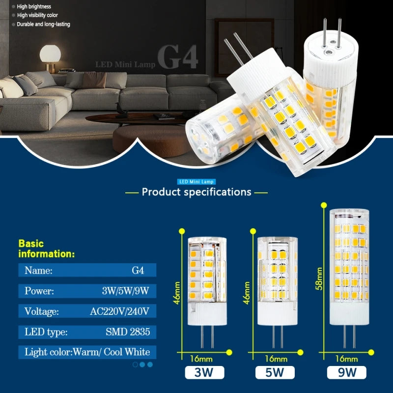 ampoule led 3w 5w 9w g4 blanc smd2835 modernes adhésives 220v 30000h 5pcs