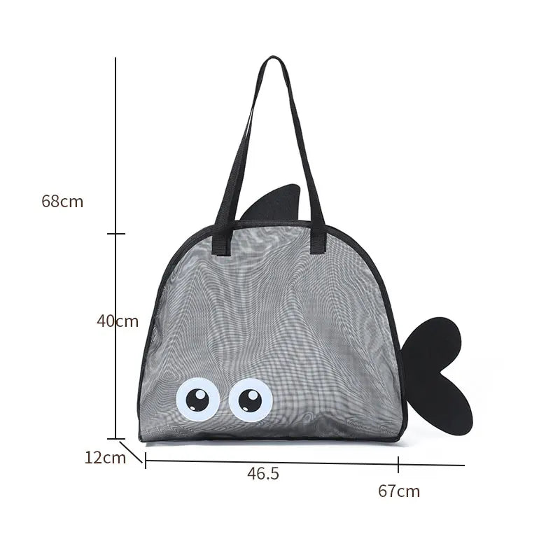 sac plage enfant orange vert bleu noir poisson transparent pelle seau jouet