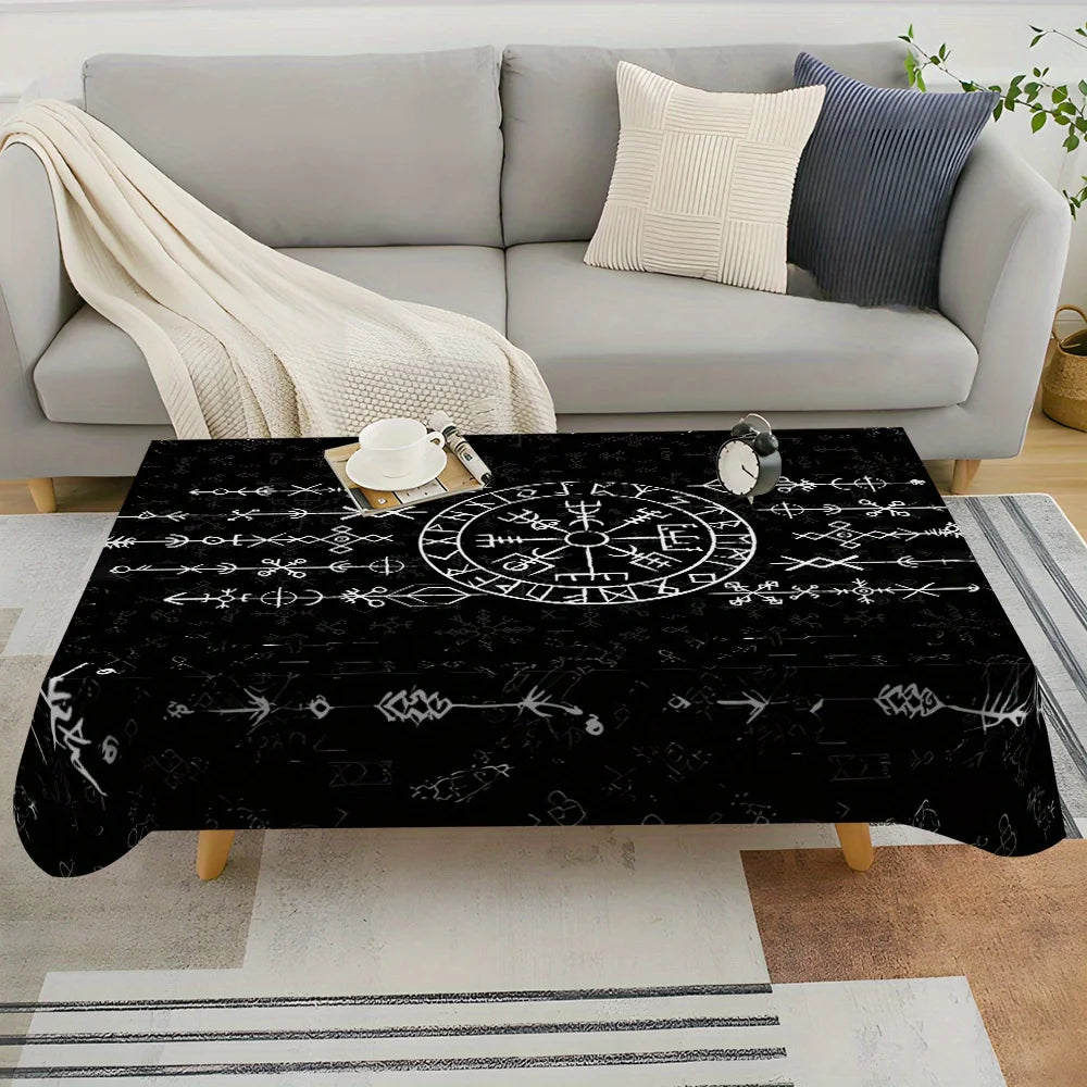 nappe table moderne noire runes symboles geometriques reutilisable polyeste rectangle festives assises couverts graphique