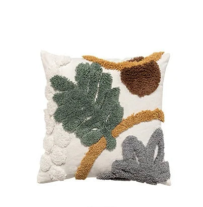 housse coussin décoratif feuilles brodées polyester coton blanc vert marron gris 30x50cm 45x45cm salon