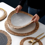 tapis table boho rustique tissé main naturel gris blanc cercles concentriques simple