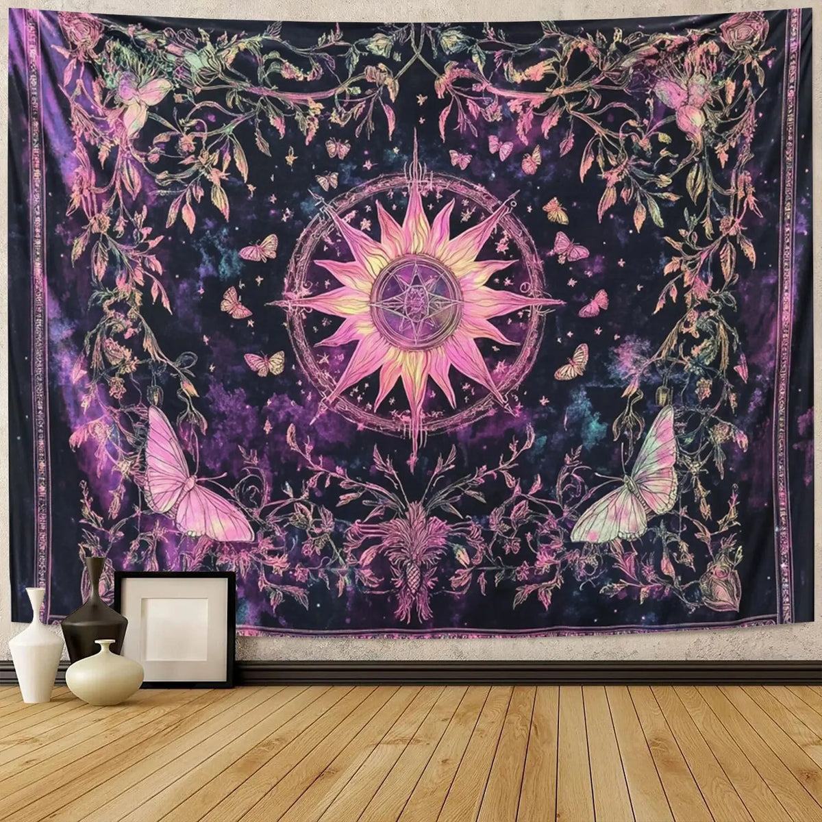 tapisserie boho floral papillons pentagramme galaxie violet noir rose blanc salon chambre