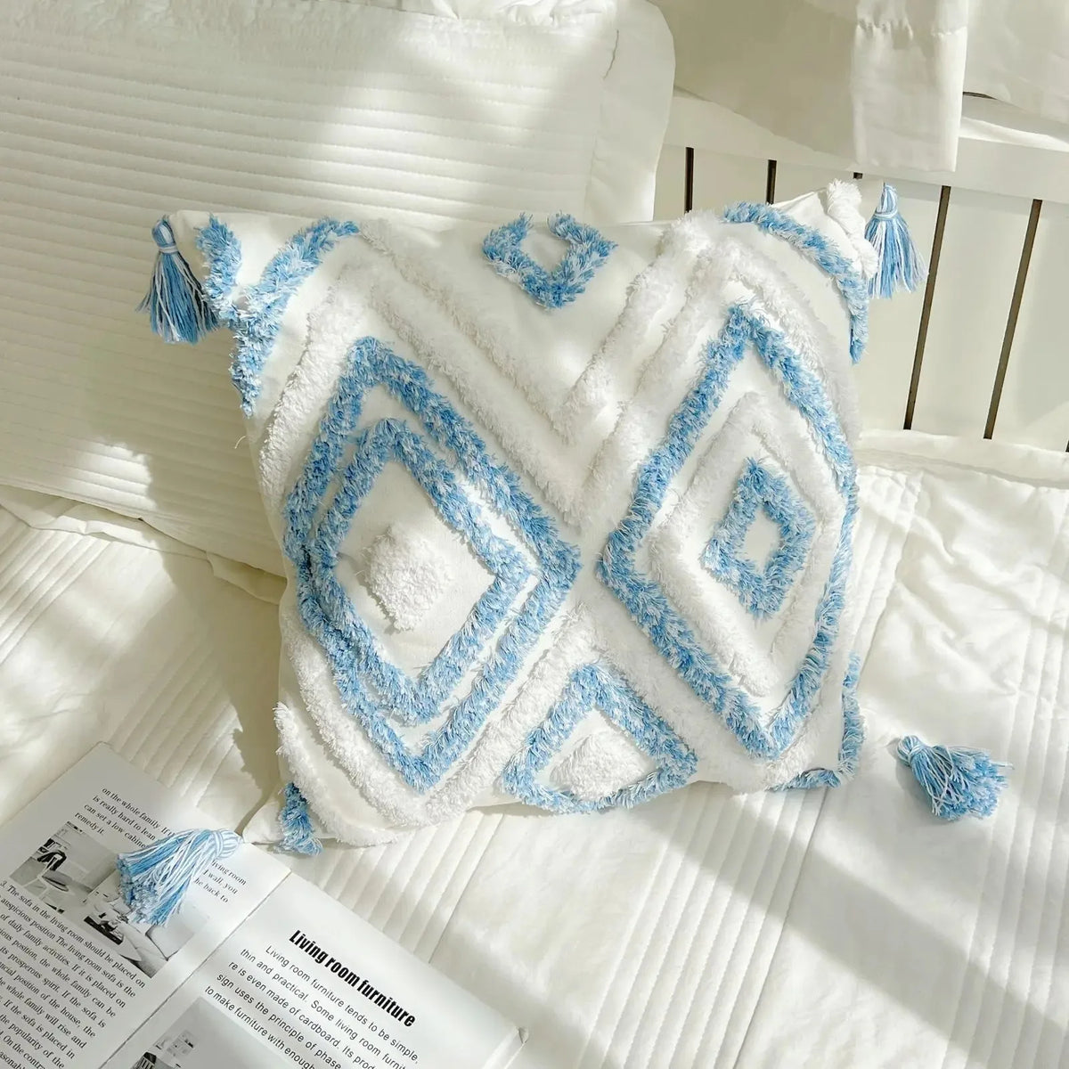 coussins bohèmes 3d franges taies d'oreiller décoratives géométriques brodés moderne blanc bleu clair polyester