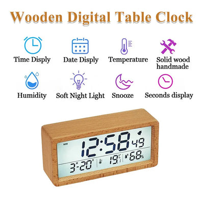 Horloge de table numérique en bois vert avec rétroéclairage