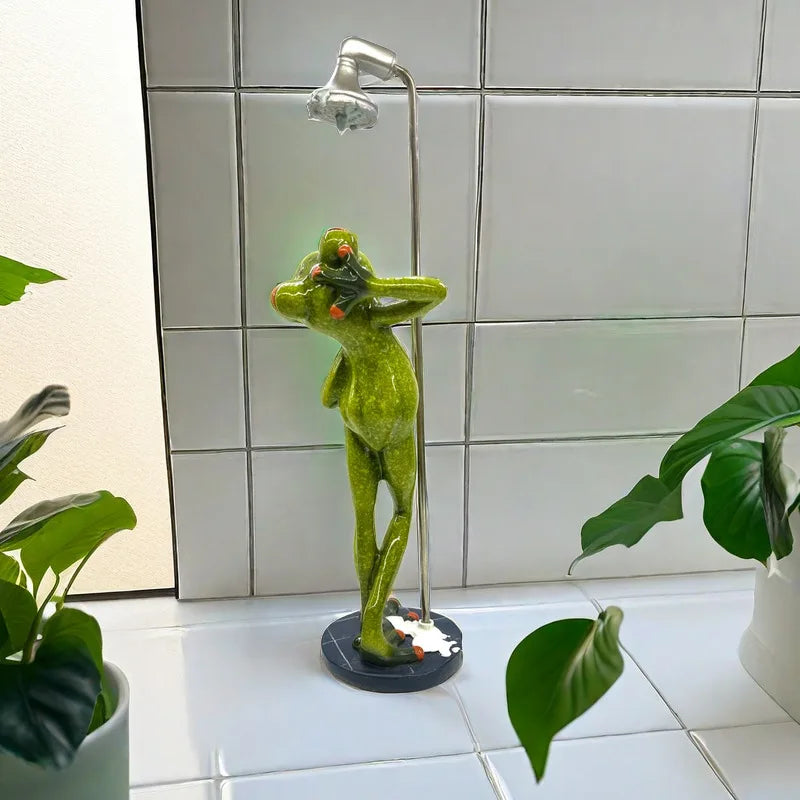 statue grenouille verte douching figurine résine décorative humoristique salle bains