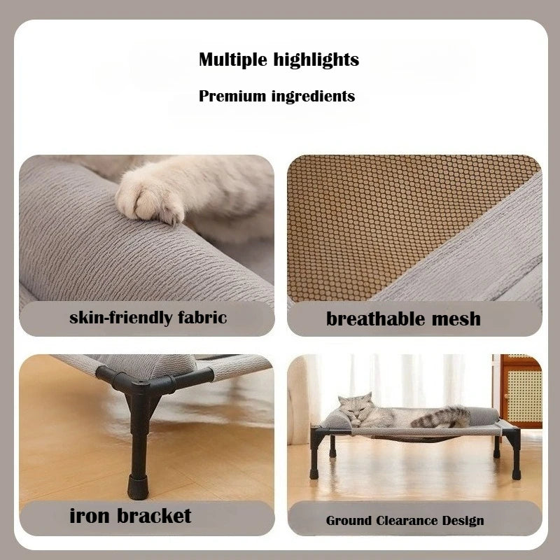 lit chat moderne surélevé tissu maille gris clair structure métallique pieds noirs coussin