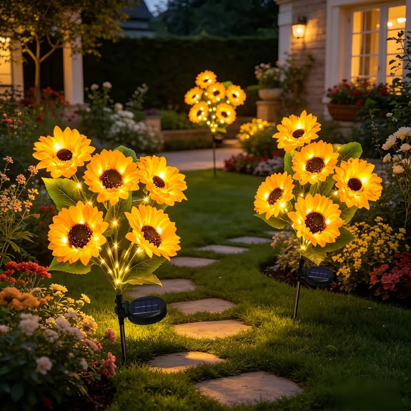 décorations florales solaires jaune vert moderne bouquet tournesol feuilles extérieures patio jardin led étanches