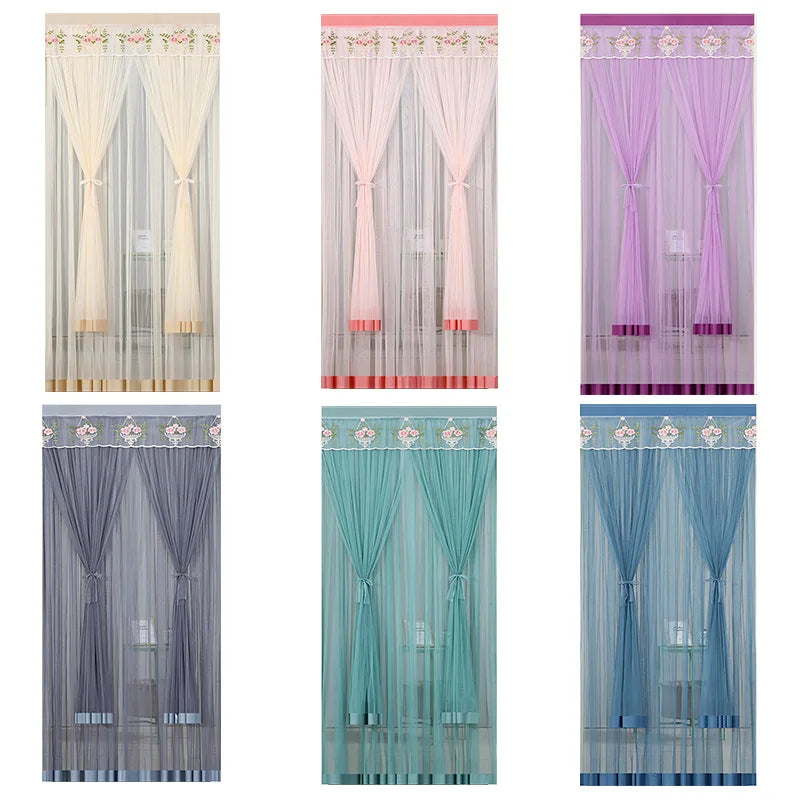 rideau gris beige rose bleu broderie florale transparent moderne ruban porte tissu polyester