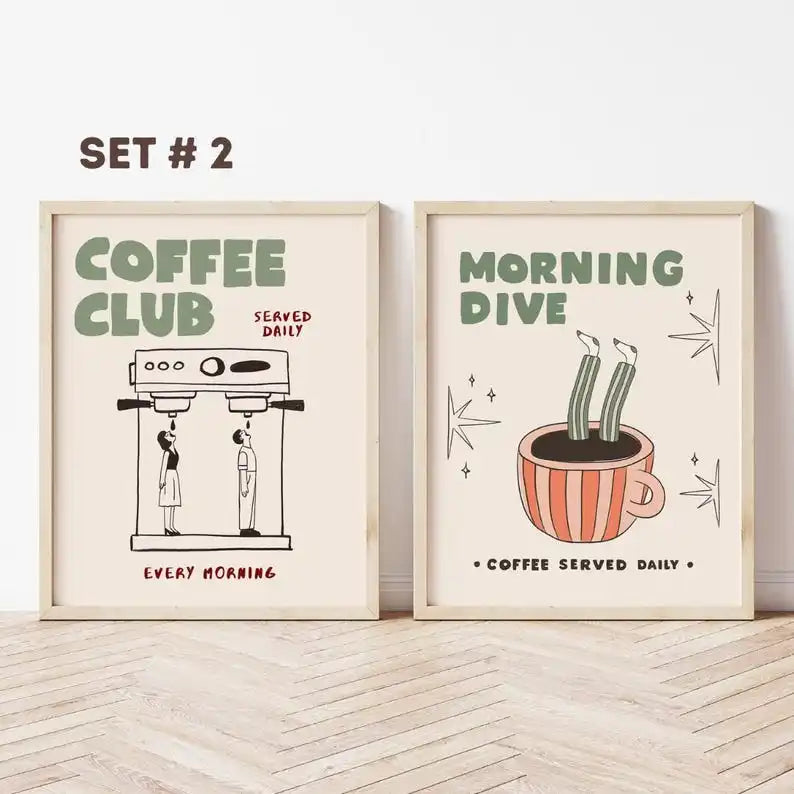 affiches modernes illustration Morning Dive Coffee Club minimaliste beige clair vert pastel orange noir