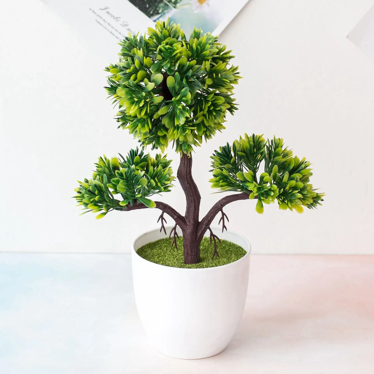 bonsaï artificiel vert feuilles rondes pot blanc décoration intérieure tronc noueux classique mousse verte