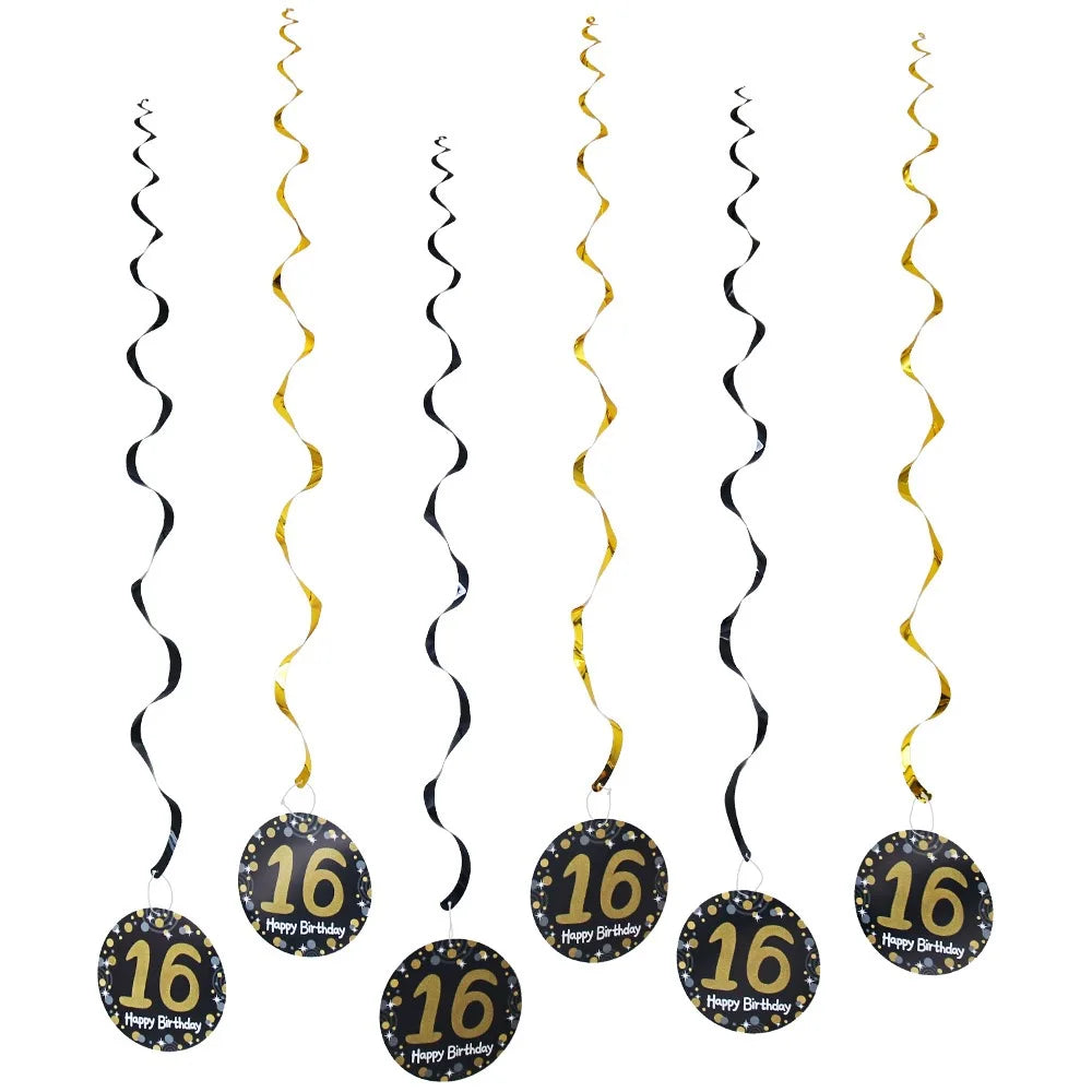 décoration suspendue anniversaire moderne numéros 13 16 18 21 noir points dorés festive