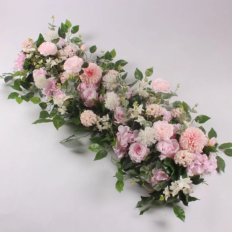 guirlande florale artificielle fleurs roses dahlias feuilles vertes décoration murale extérieure 100cm blanc rose