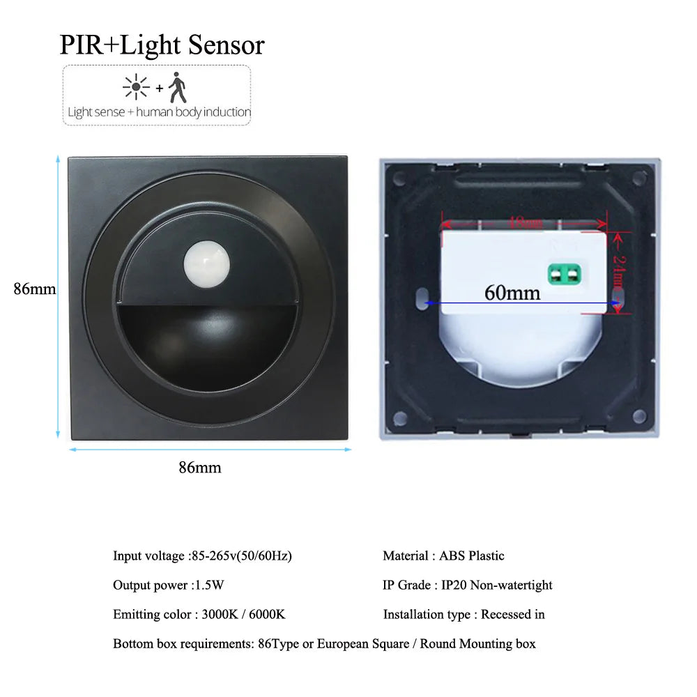 lumière murale led capteur pir moderne interrupteur noir blanc doré fixations vis