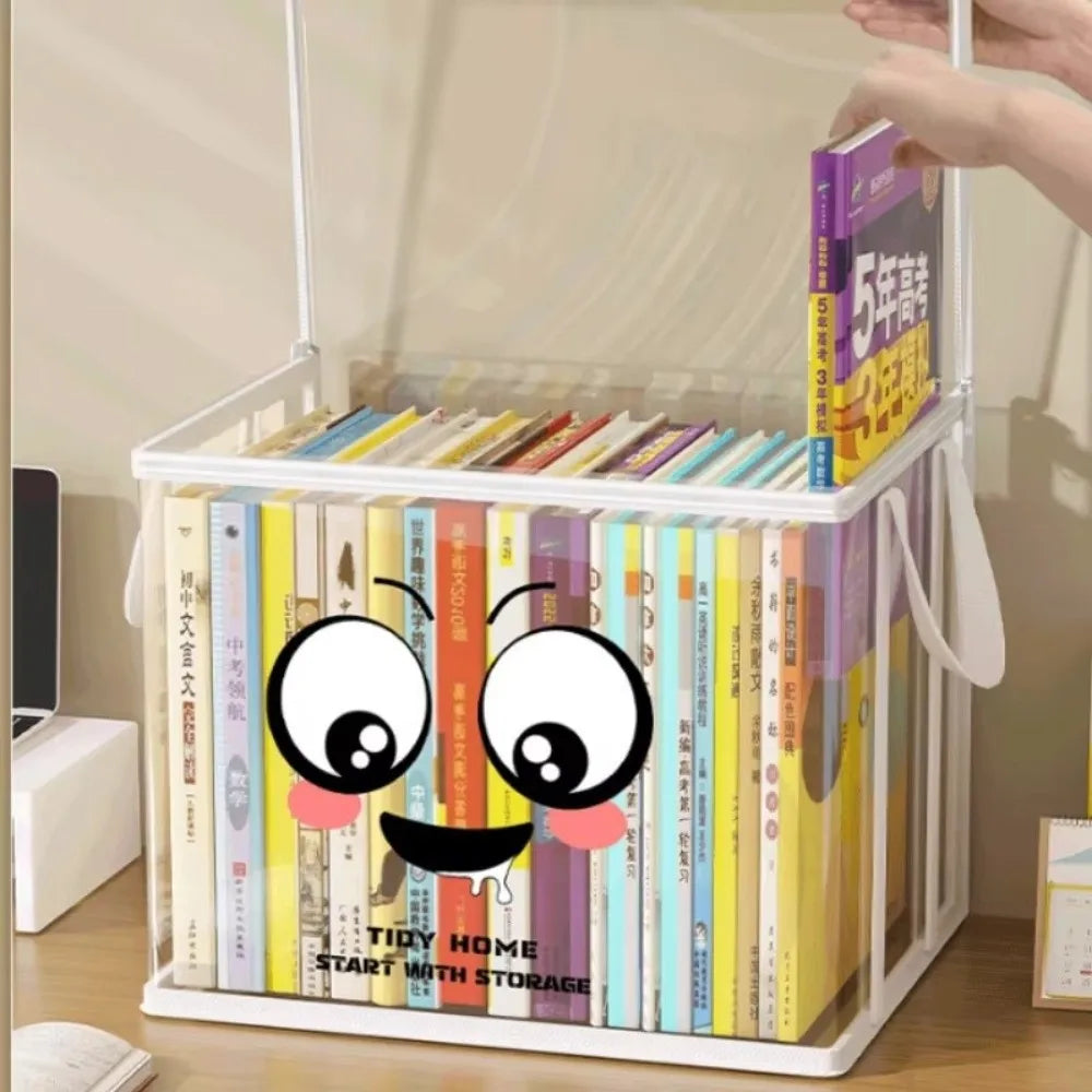 boîte rangement moderne blanc noir transparent visage souriant livres réutilisable respectueux environnement