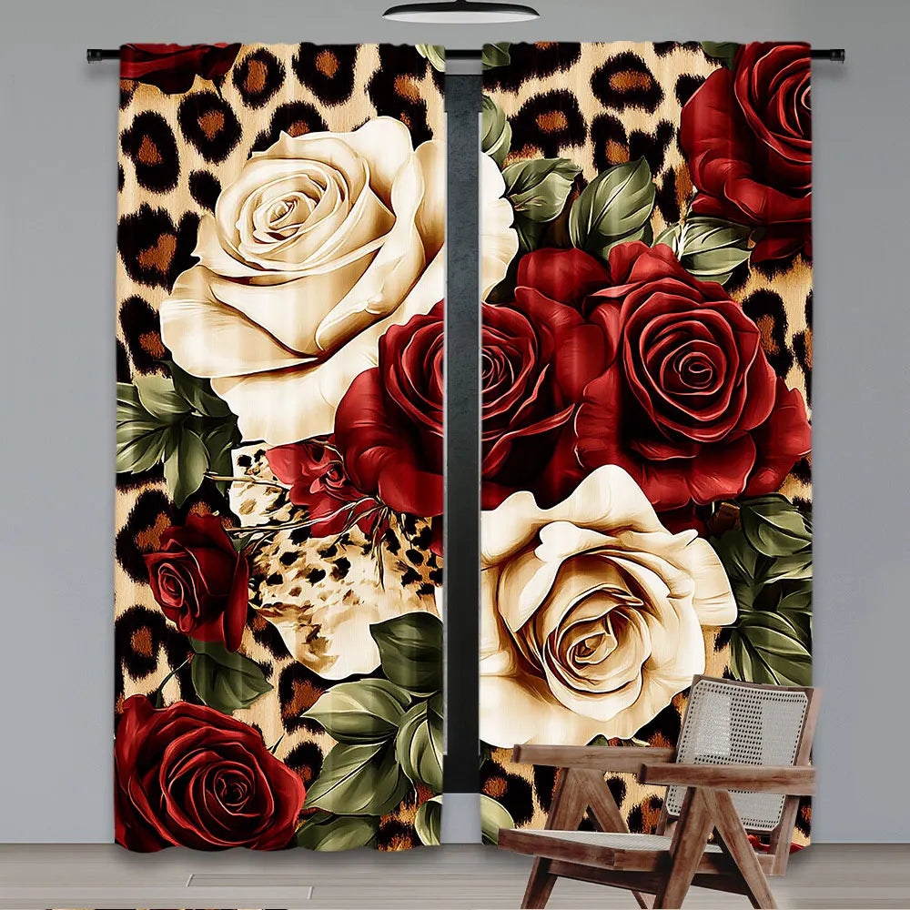 rideau moderne roses rouges léopard opaque 100 polyester 75x166 105x230 130x210 deux panneaux