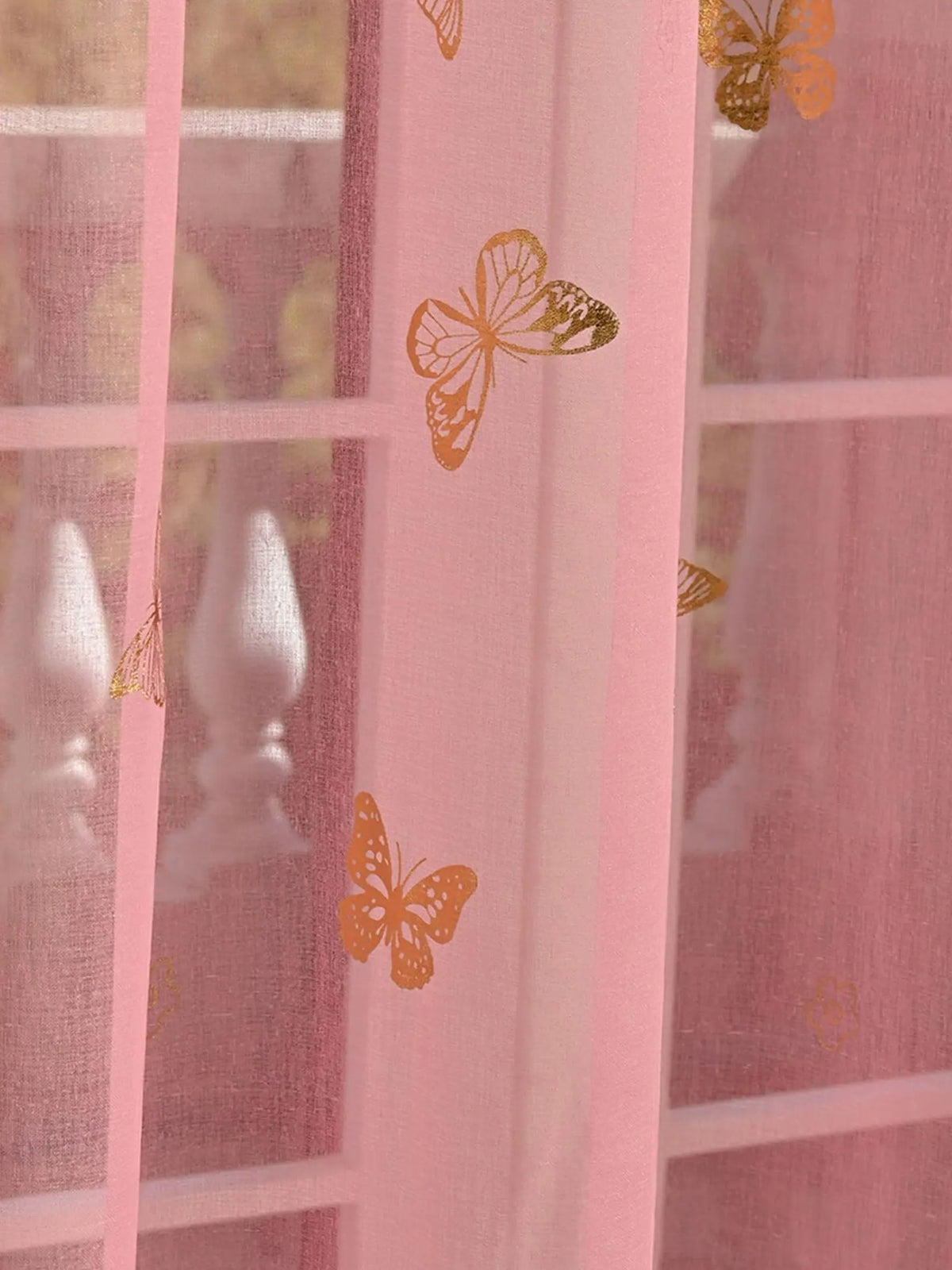 rideau transparent rose papillons dorés motif infini tissu polyester moderne décoration chambre salonhôtel
