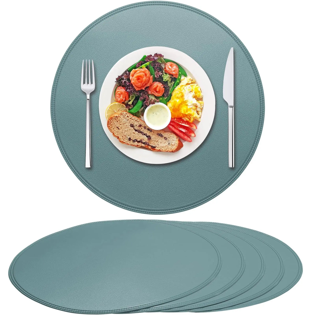 tapis table ronds bleu simili cuir élégants respectueux environnement assortis vaisselle décoration moderne