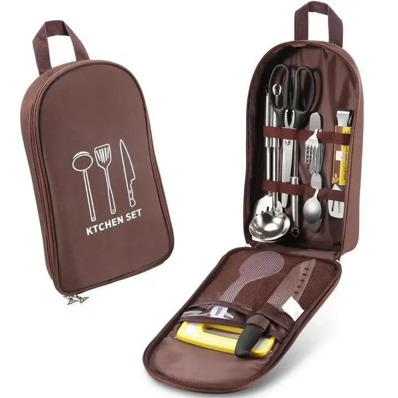 sacoche couverts cuisine portable camping barbecue spatule louche couteau fourchette pince ciseaux économe marron