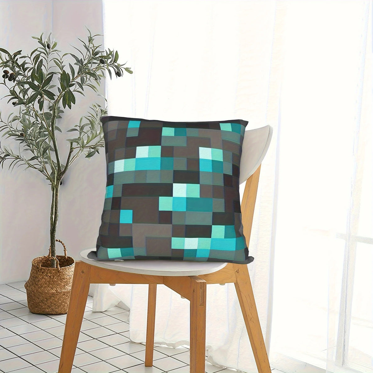 housse coussin carré moderne motif géométrique bleu gris noir polyester lit décoration chambre enfant
