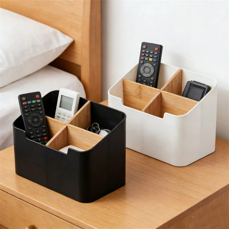 boîte rangement moderne compartiments bois blanc noir rangement télécommandes papiers cosmétiques organisateur