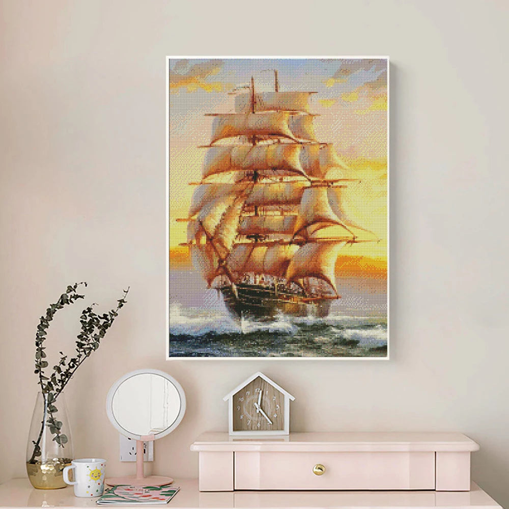 tableau broderie paysage marin bateau voiles toile coton aiguille fils plan broderie decoration maison