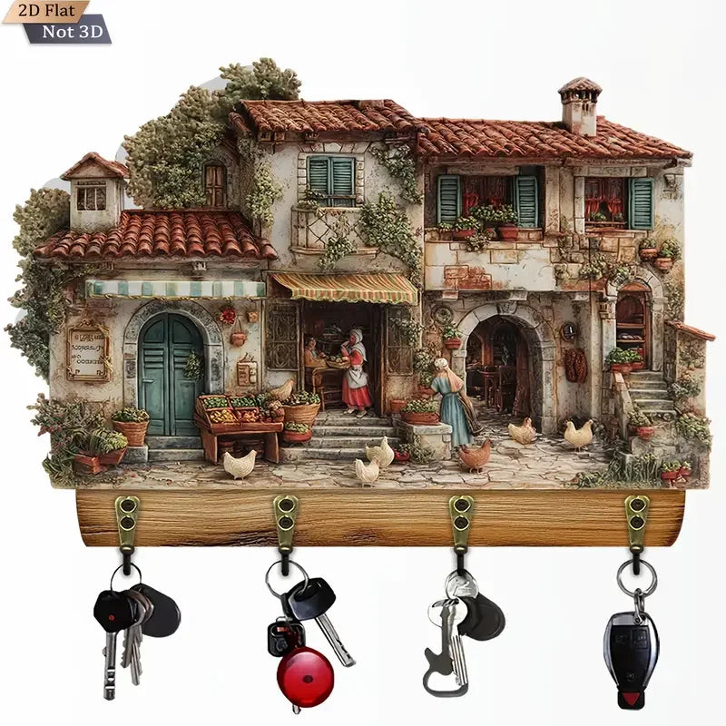 porte clés mural bois rural illustration maison poules décoratif clés bouteille ouverture vis fixations
