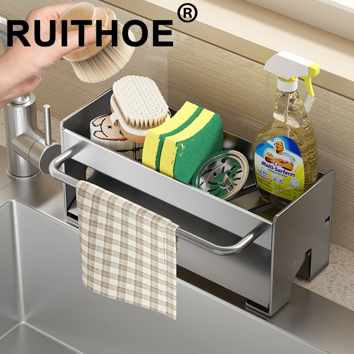 rangement évier suspendu moderne brosses éponges savon serviette cosmétiques minimaliste argenté blanc