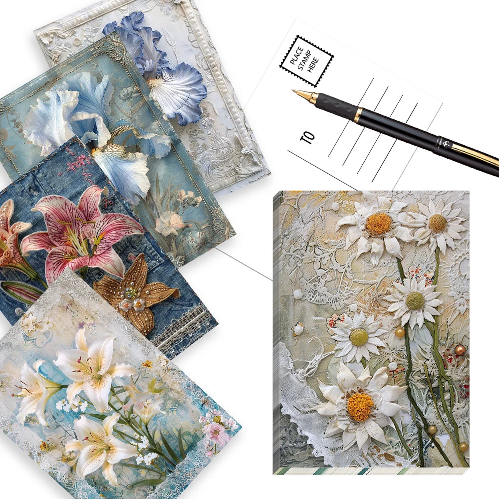 cartes postales fleurs vintage romantique lys pivoines marguerites dentelle cadre ancien bleu rose